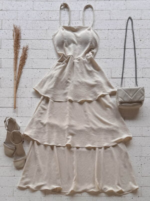 Dondoca_com_br Vestido Maxi Midi Alcinha E Camadas Tres Marias Bege