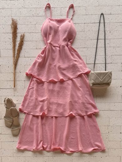 Dondoca_com_br Vestido Maxi Midi Alcinha E Camadas Tres Marias Rosa
