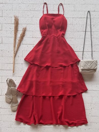 Dondoca_com_br Vestido Maxi Midi Alcinha E Camadas Tres Marias Vermelho