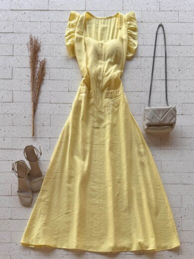 Dondoca_com_br Vestido Maxi Midi Babados Na Alca Amarelo