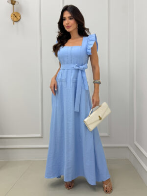Dondoca_com_br Vestido Maxi Midi Babados Na Alca Azul
