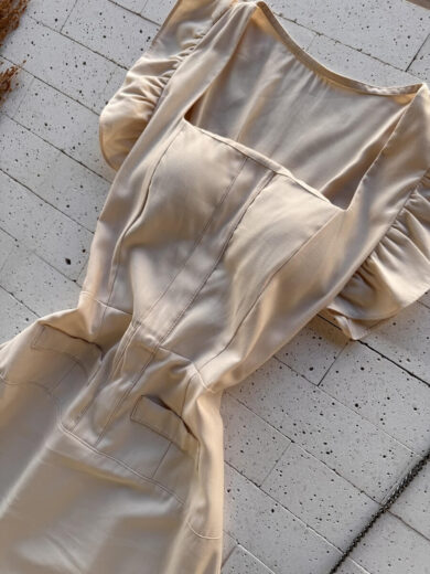 Dondoca_com_br Vestido Maxi Midi Babados Na Alca Bege