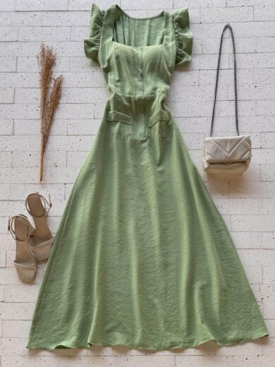 Dondoca_com_br Vestido Maxi Midi Babados Na Alca Pistache