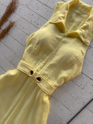 Dondoca_com_br Vestido Maxi Midi Gola Com Ziper E Detalhe Botoes Amarelo