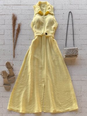 Dondoca_com_br Vestido Maxi Midi Gola Com Ziper E Detalhe Botoes Amarelo