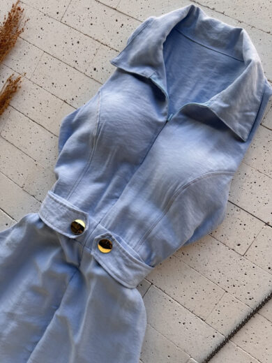Dondoca_com_br Vestido Maxi Midi Gola Com Ziper E Detalhe Botoes Azul