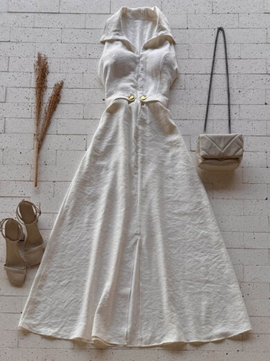 Dondoca_com_br Vestido Maxi Midi Gola Com Ziper E Detalhe Botoes Off