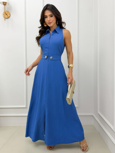 Dondoca_com_br Vestido Maxi Midi Gola Com Ziper E Detalhe Botoes Petroleo
