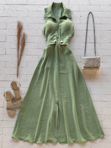 Dondoca_com_br Vestido Maxi Midi Gola Com Ziper E Detalhe Botoes Pistache