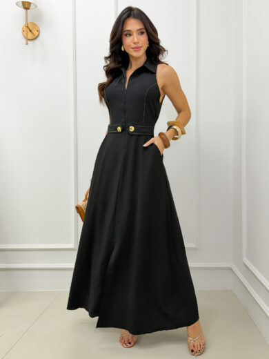Dondoca_com_br Vestido Maxi Midi Gola Com Ziper E Detalhe Botoes Preto