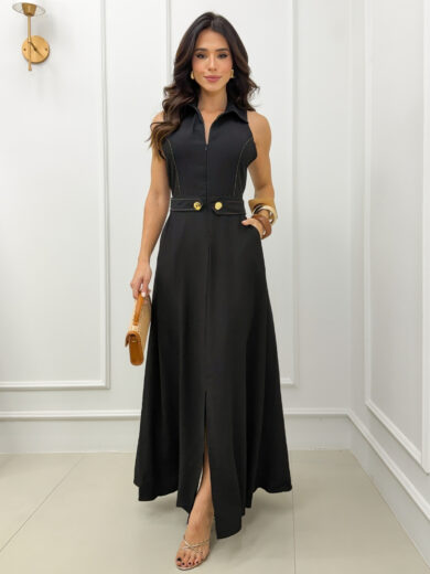 Dondoca_com_br Vestido Maxi Midi Gola Com Ziper E Detalhe Botoes Preto