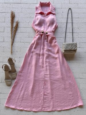Dondoca_com_br Vestido Maxi Midi Gola Com Ziper E Detalhe Botoes Rosa