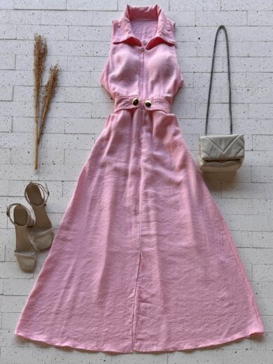 Dondoca_com_br Vestido Maxi Midi Gola Com Ziper E Detalhe Botoes Rosa