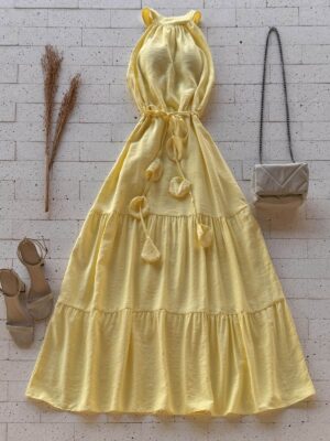 Dondoca_com_br Vestido Maxi Midi Tres Marias Sem Decote Amarelo