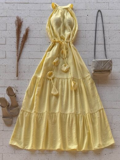 Dondoca_com_br Vestido Maxi Midi Tres Marias Sem Decote Amarelo