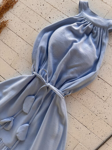 Dondoca_com_br Vestido Maxi Midi Tres Marias Sem Decote Azul