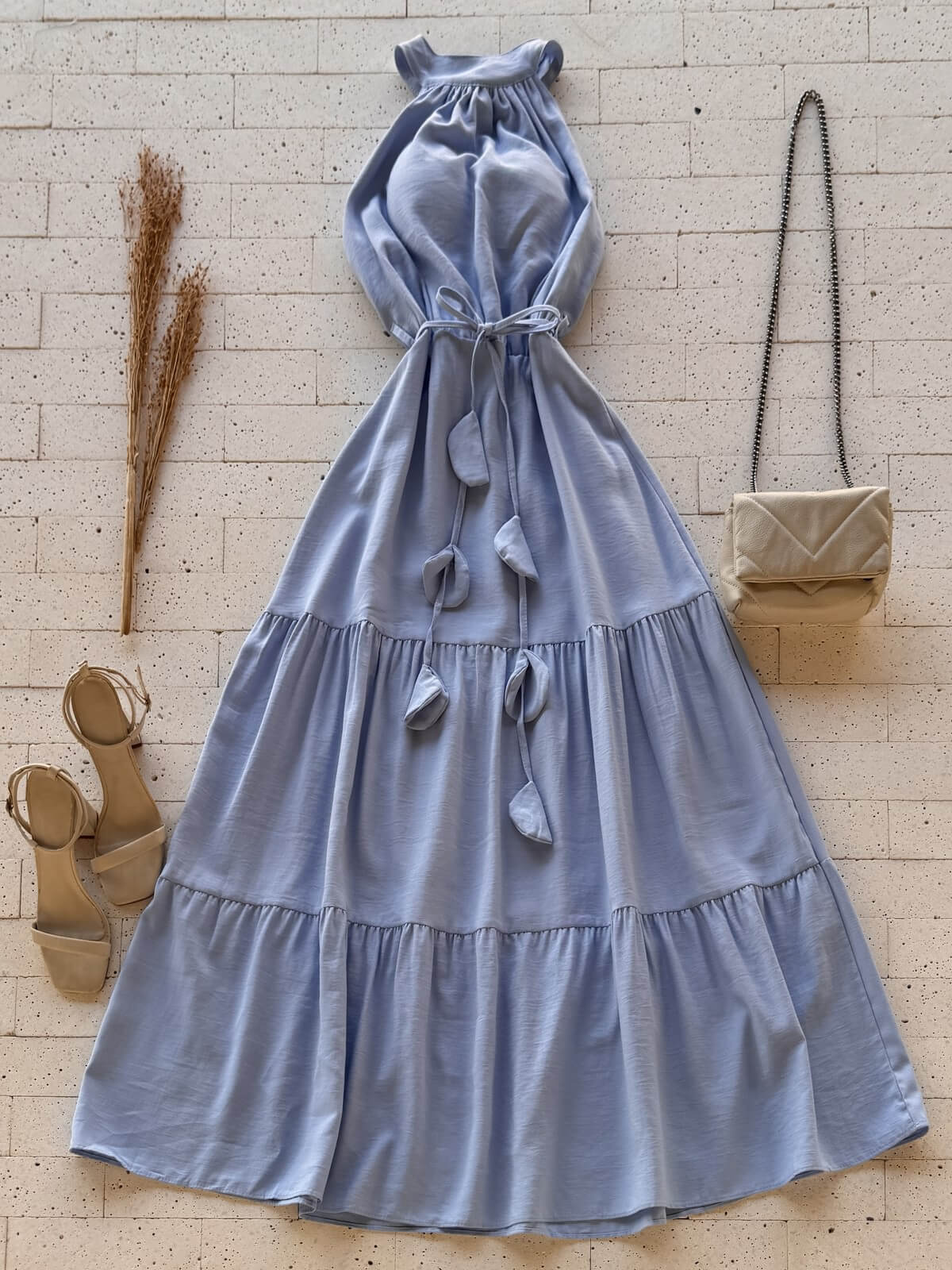 Dondoca_com_br Vestido Maxi Midi Tres Marias Sem Decote Azul