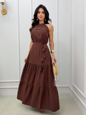 Dondoca_com_br Vestido Maxi Midi Tres Marias Sem Decote Cafe