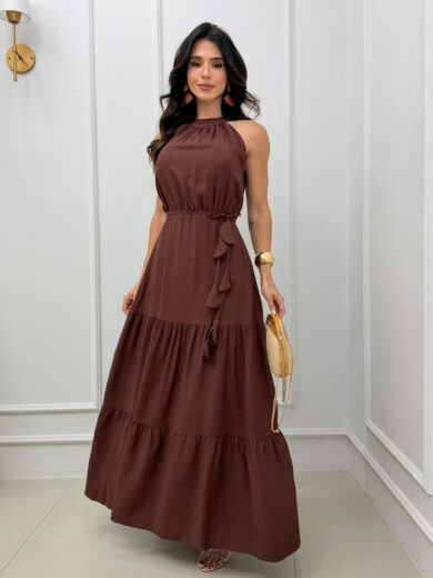 Dondoca_com_br Vestido Maxi Midi Tres Marias Sem Decote Cafe
