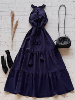 Dondoca_com_br Vestido Maxi Midi Tres Marias Sem Decote Marinho