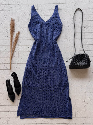 Dondoca_com_br Vestido Trico Maxi Midi Detalhado Com Fenda E Lurex Azul