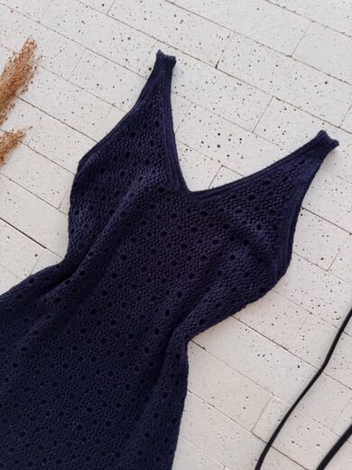 Dondoca_com_br Vestido Trico Maxi Midi Detalhado Com Fenda E Lurex Marinho