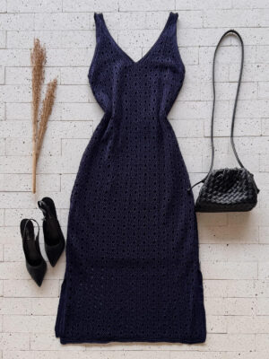 Dondoca_com_br Vestido Trico Maxi Midi Detalhado Com Fenda E Lurex Marinho